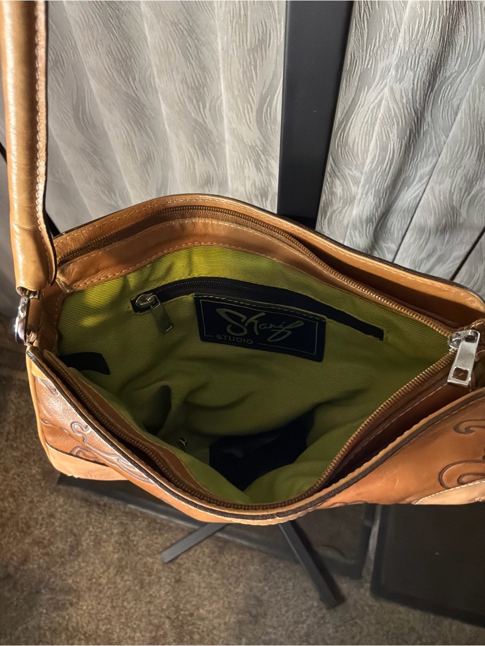 Sharif studio Tooled Brown Leather Shoulder Bag with Tan Accents - Picture 3 of 4